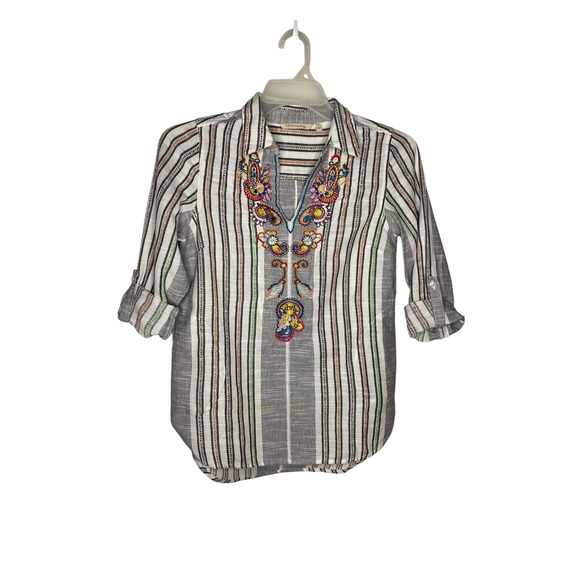 Soft Surroundings Tops - Soft Surroundings Embroidered Striped Split Neck Roll Tab Top Grey White PS